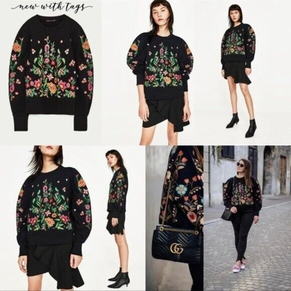Zara Black Floral Embroidered Sweatshirt Women’s Size Small Bloggers Favorite. - Picture 2 of 9